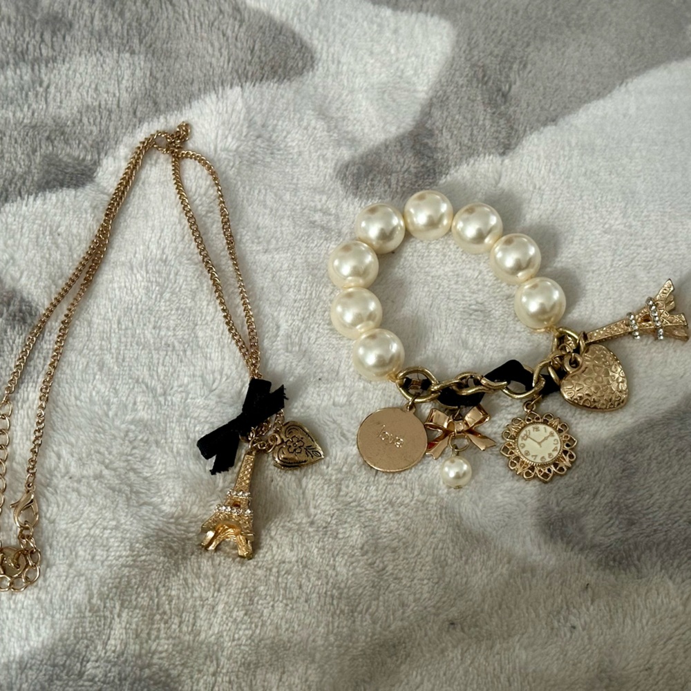 Gold and Pearl Charm Bracelet and Necklace Set
